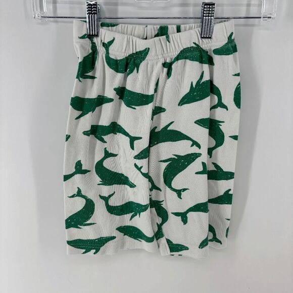 Mini Boden Kid's White Green Elastic Waist Sea Pine Shark Print Shorts Size 5-6y